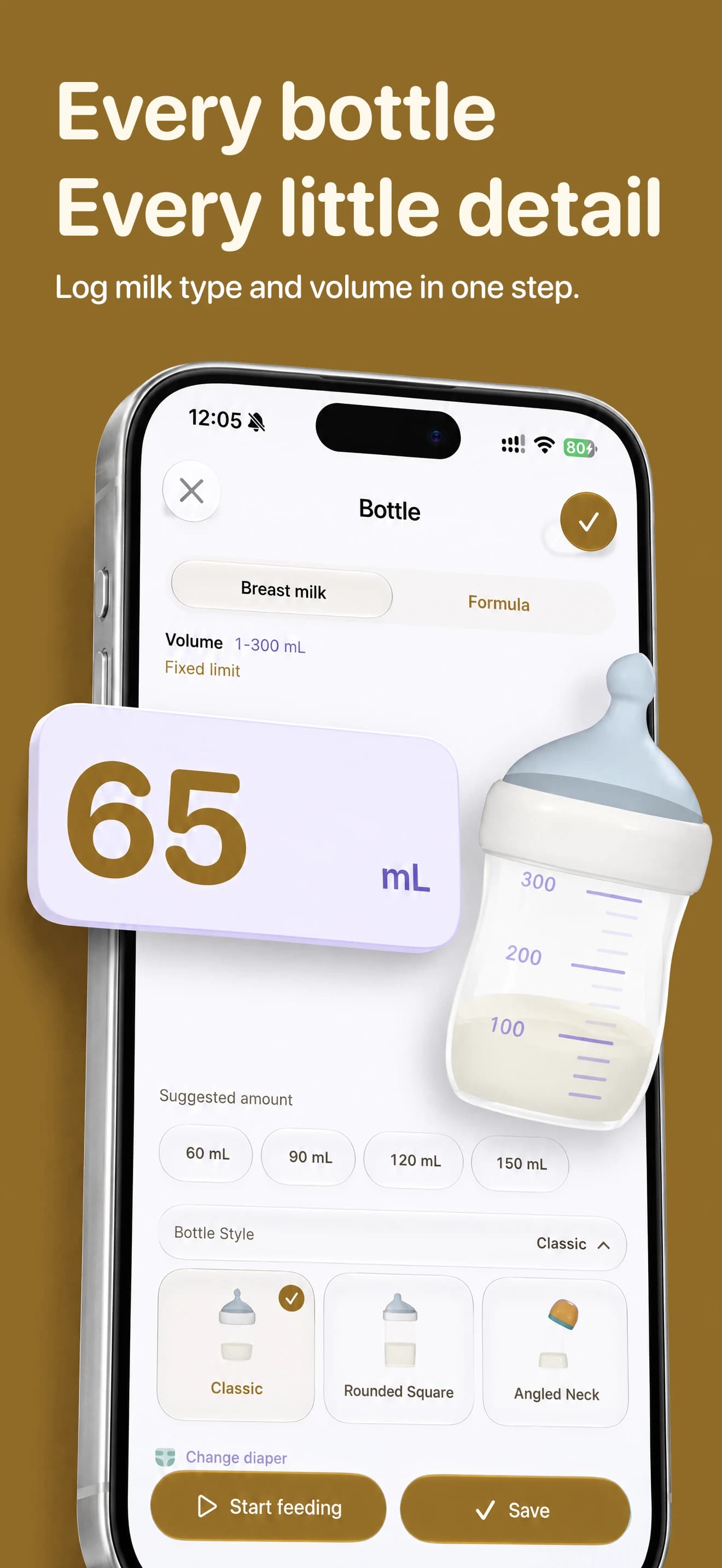Cali Baby bottle feeding records with milk amount and source